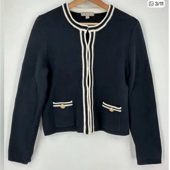 J. Crew Black  Emile Cardigan with Cream Trim and Gold Buttons L - Picture 3 of 8